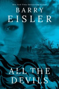 All the Devils cover. A half-transparent woman's face stares forward. In the background, two silhouetted men walk through a dystopian landscape.