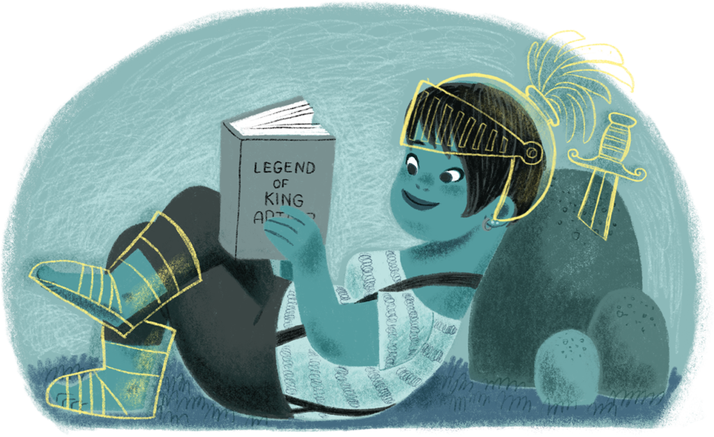 Girl reclines against a rock and reads a book titled "Legend of King Arthur."