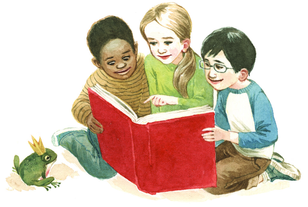 Three children sit reading from one large book.