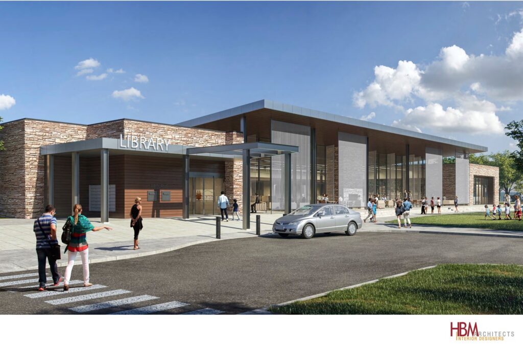 Concept art shows the exterior of a new Newton Public Library building. The building features a modern design, with a large window wall.