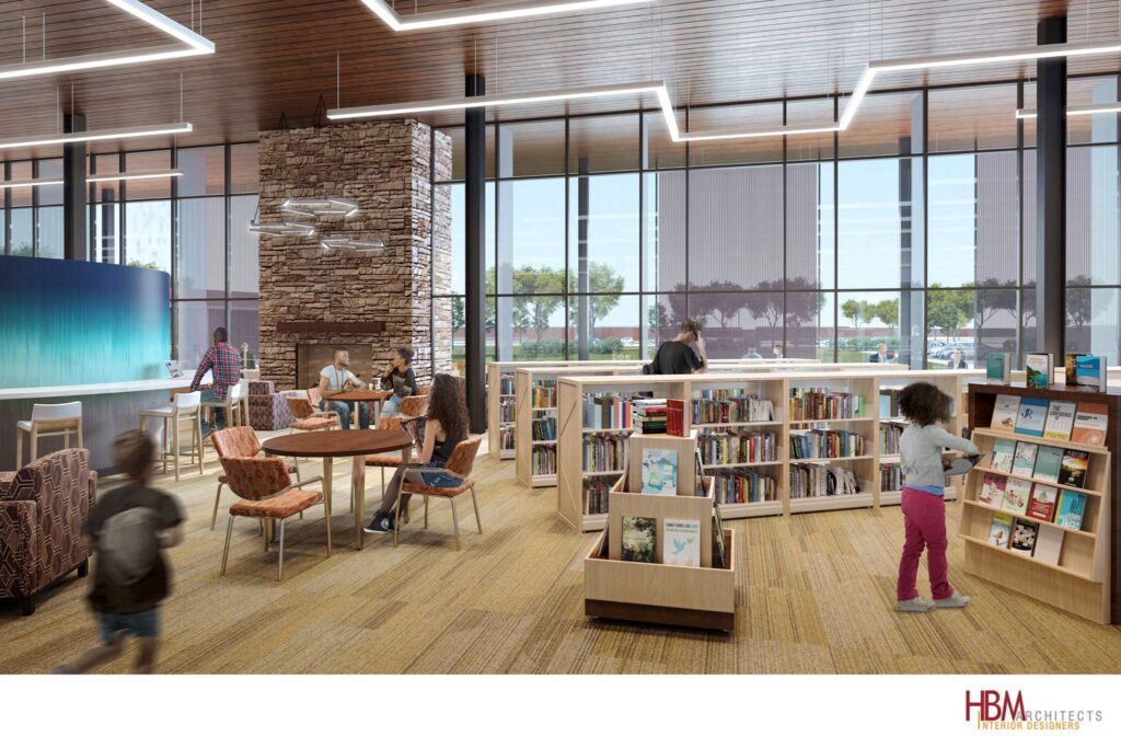 Concept art of library interior, featuring low shelving, plenty of seating, and a large bank of windows.