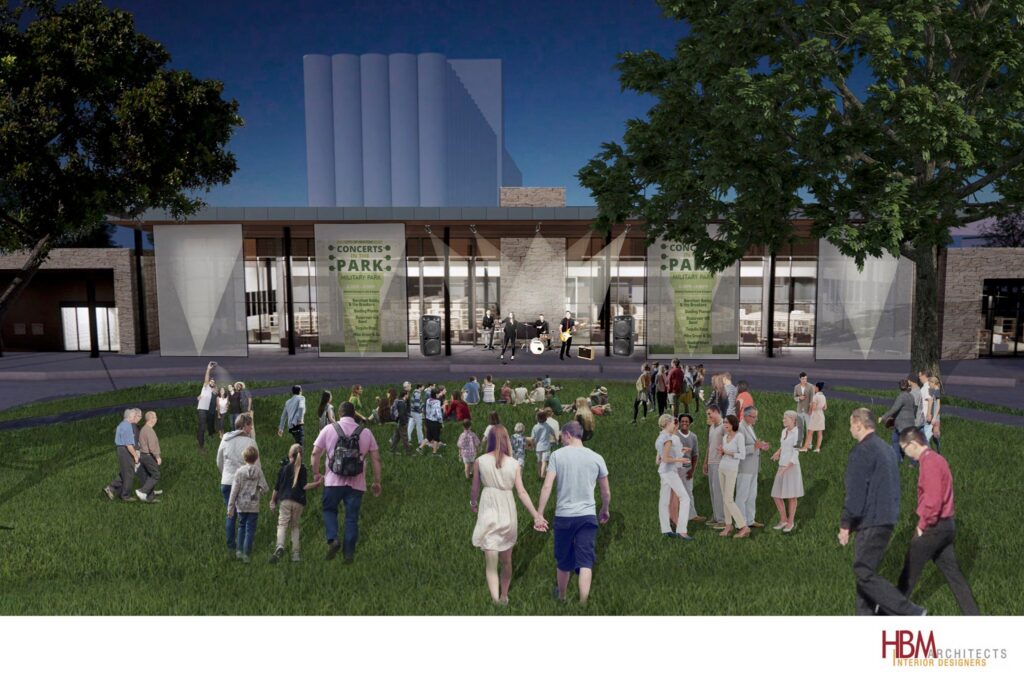 Concept art of event on front lawn of library.