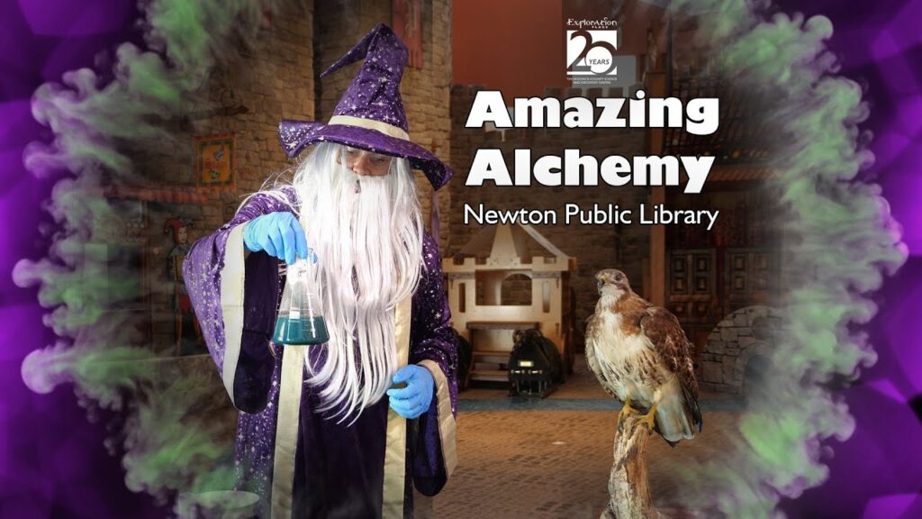 A wizard in a sparkly purple hat holds up a laboratory beaker. The image includes the words "Amazing Alchemy: Newton Public Library."