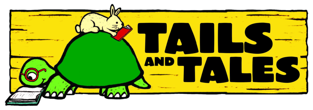 Tails and Tales logo. A turtle reads a book as a rabbit, also reading a book, sits on its back.