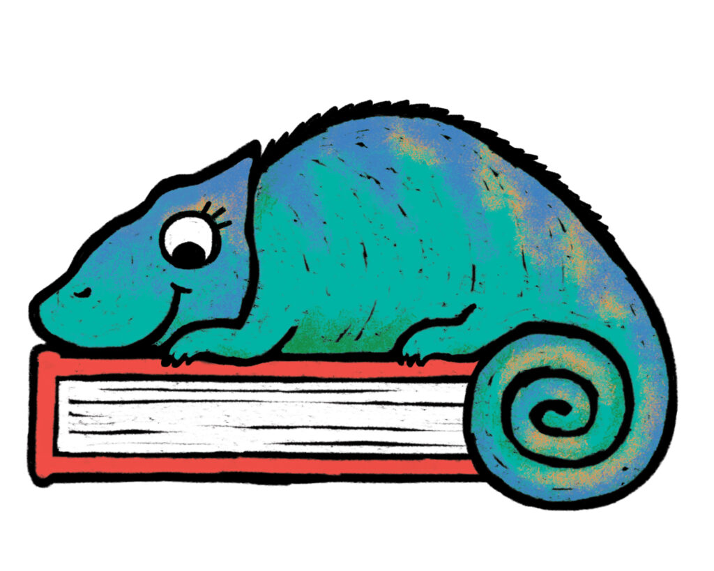 Illustration of a chameleon sitting on top of a closed book.