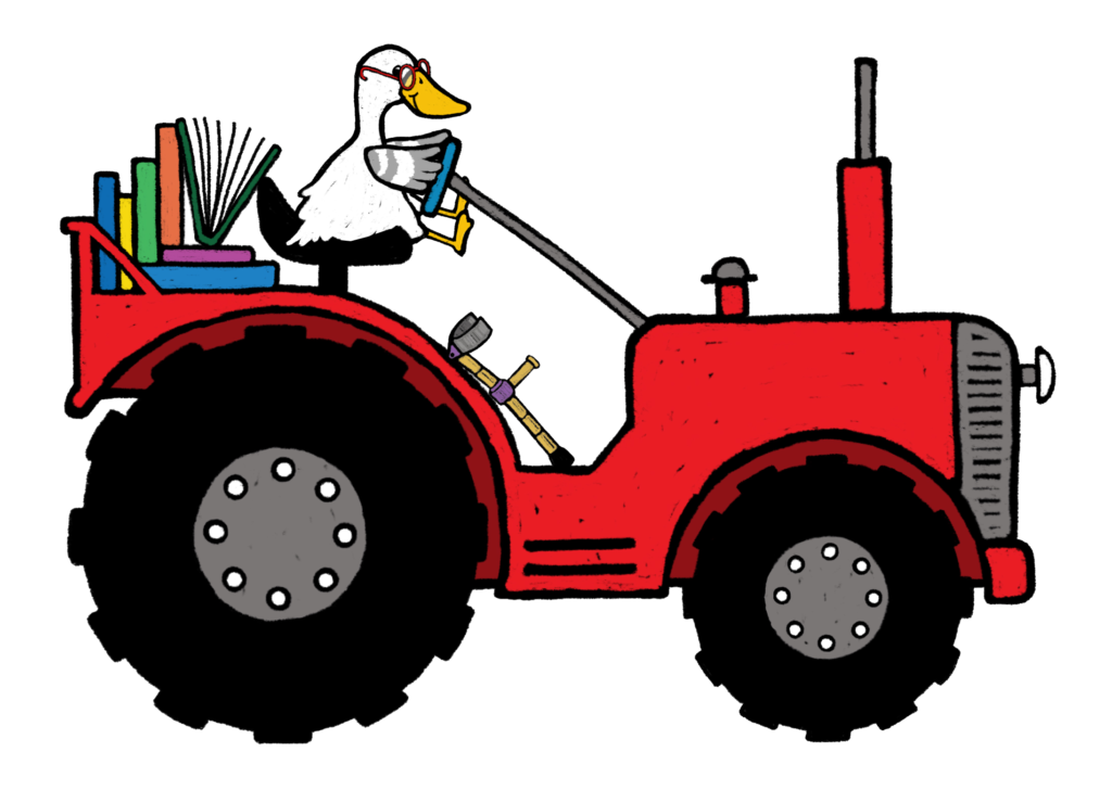 Illustration of a duck driving a tractor. The tractor is loaded down with books.