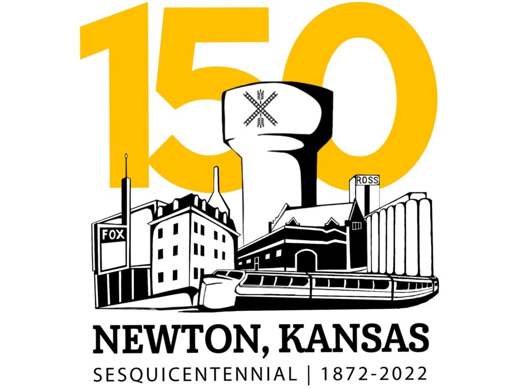 Newton's sesquicentennial logo includes a large numeral "150" and black-and-white drawings of Newton landmarks, including the water tower, Fox Theater, train station and grain mill.