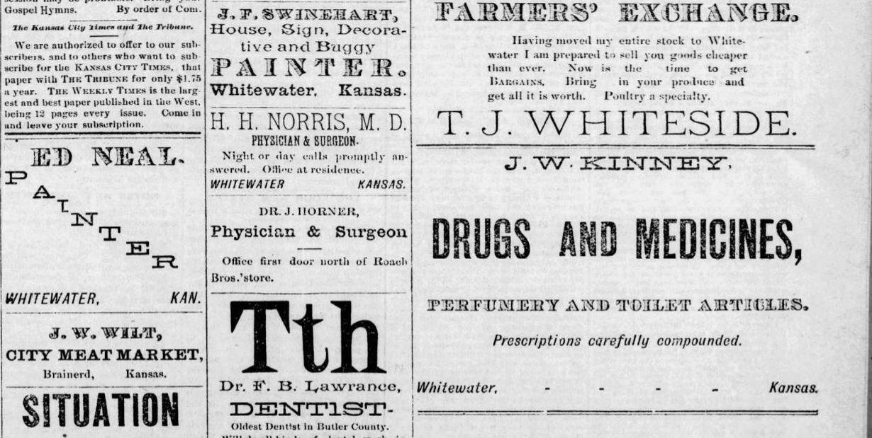 Image of Whitewater newspaper showing historic advertisements.