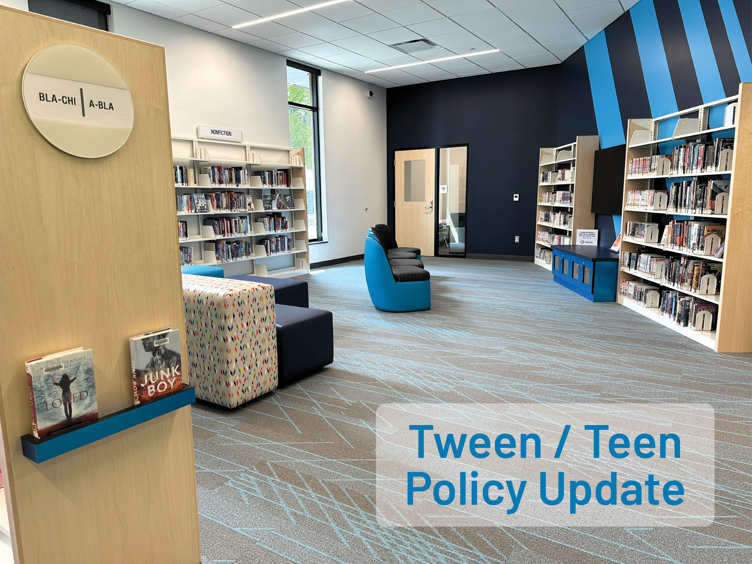 Newton Public Library's teen area is pictured, with bookcase and the Nintendo Switch video game console visible.